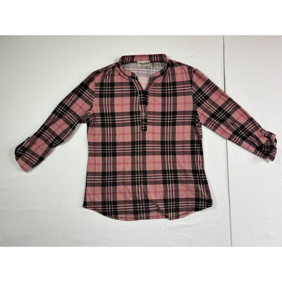 Tops - Claudia Richard Petites Pink Black Plaid Henley 3/4 Roll Tab Sleeve Blouse PM